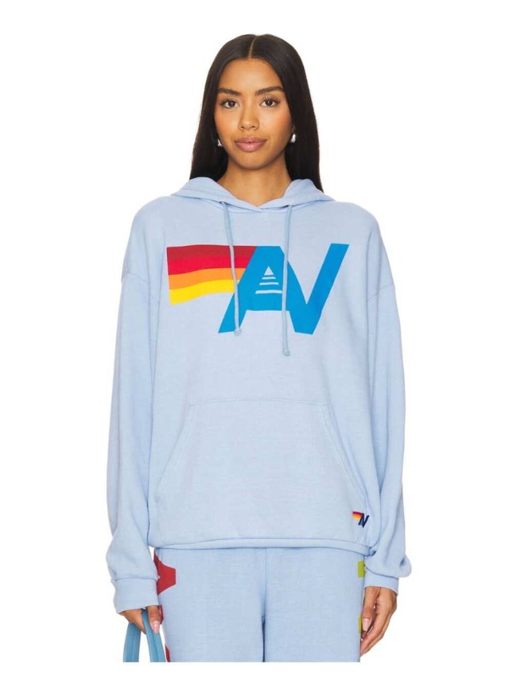 Aviator Nation Logo Pullover Relaxed Hoodie in Light Blue, size M